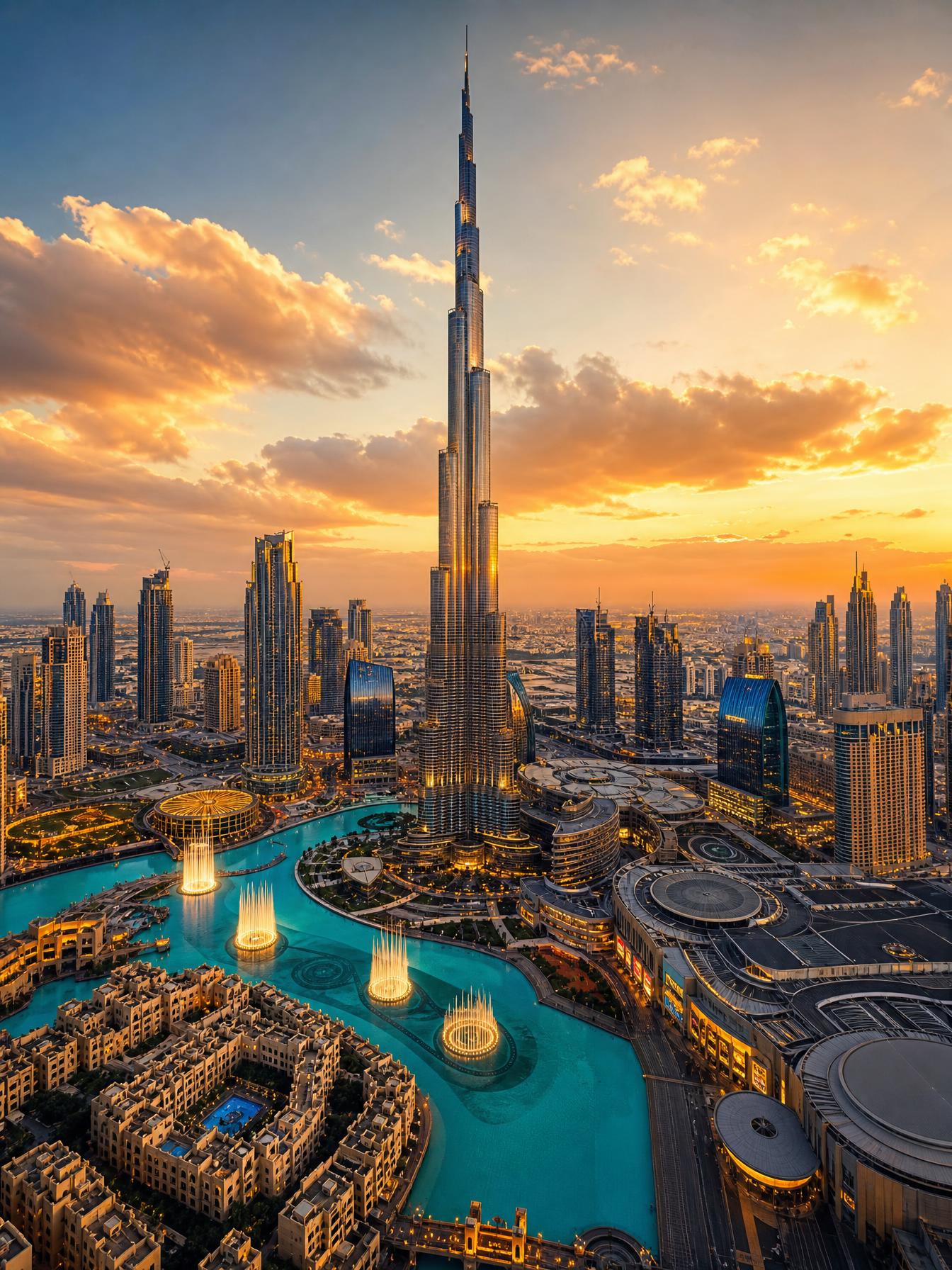 Downtown Dubai skyline with Burj Khalifa at golden hour